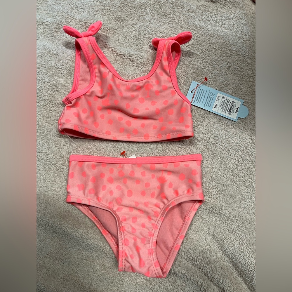 Cat & Jack Girls Pink Polka Dot Palm Tree Bikini Swim Set 18 months 4T NWT Bow